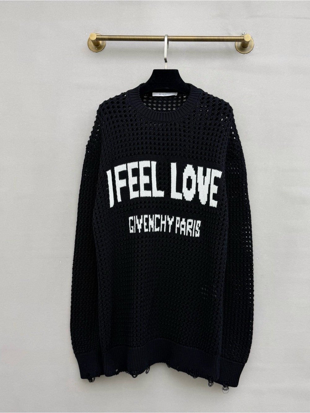 🚩steal Givenchy Black Open-Knit 'I Feel Love' Crewneck Sweater